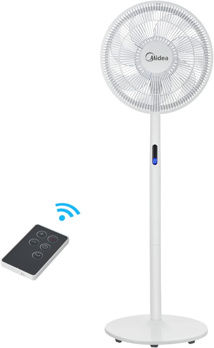 Ventilateur sur pied MIDEA 12 vitesses avec télécommande – Ventilateur silencieux avec oscillation 120º + 135º – Ventilateur avec minuterie, filtre et doubles pales – Débit d'air jusqu'à 24 mètres