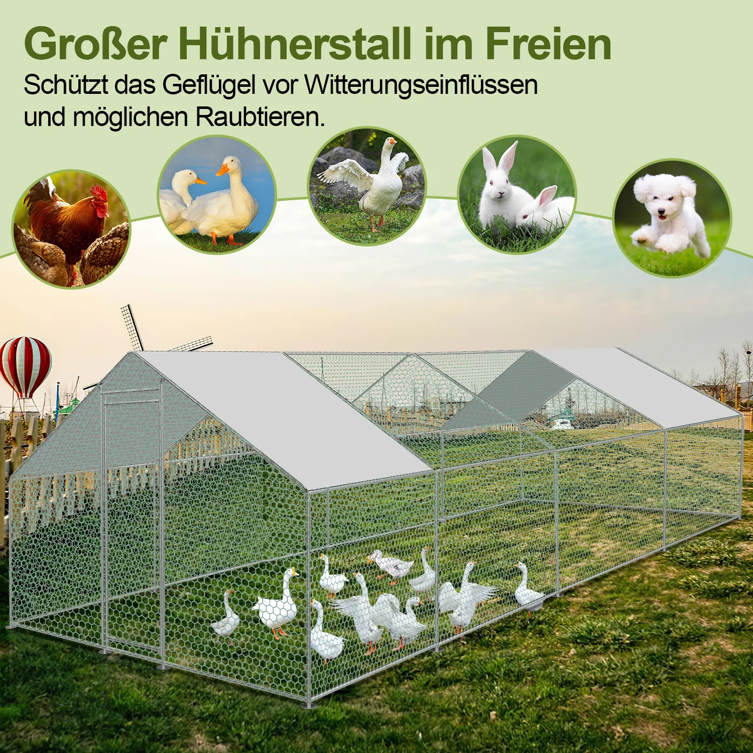 2025 Sonnewelt Hühnerstall mit PE-Markise – 3 x 8 x 2 m