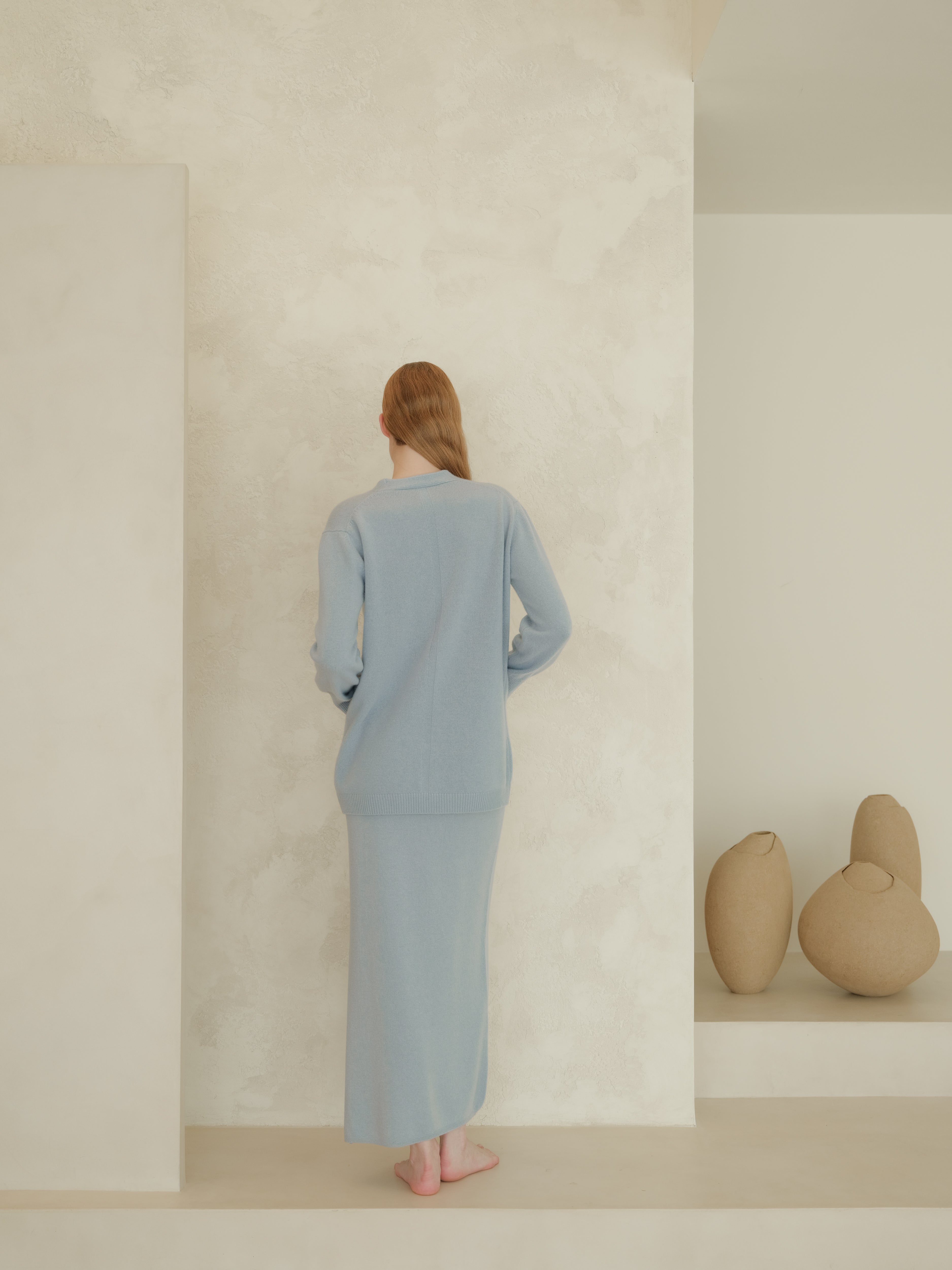 Cashmere Blend High-Waist Long Skirt With Side Slit (3D-Knit)