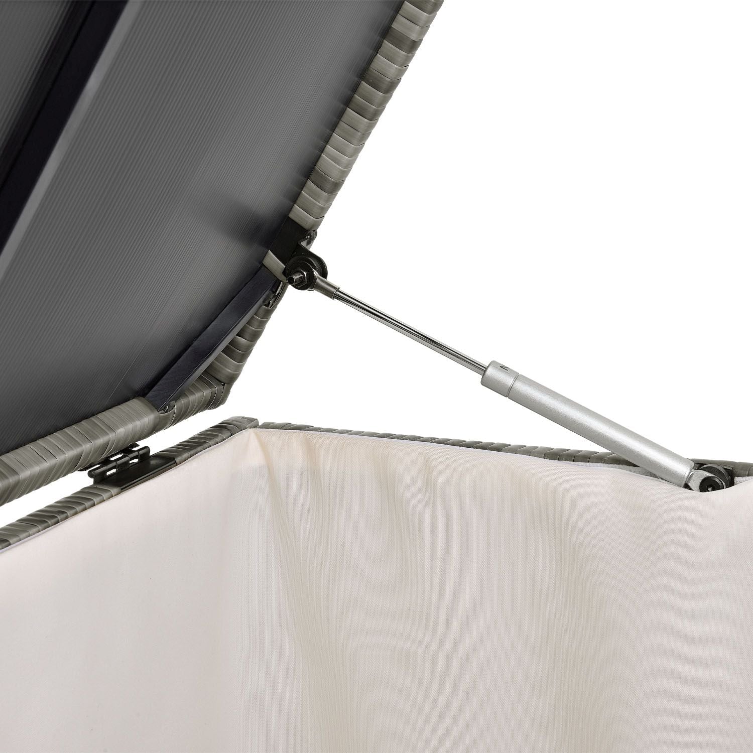 Coffre de rangement de jardin Ikaria 2025 en résine tissée – 950 L avec couvercle et doublure intérieure pour coussins