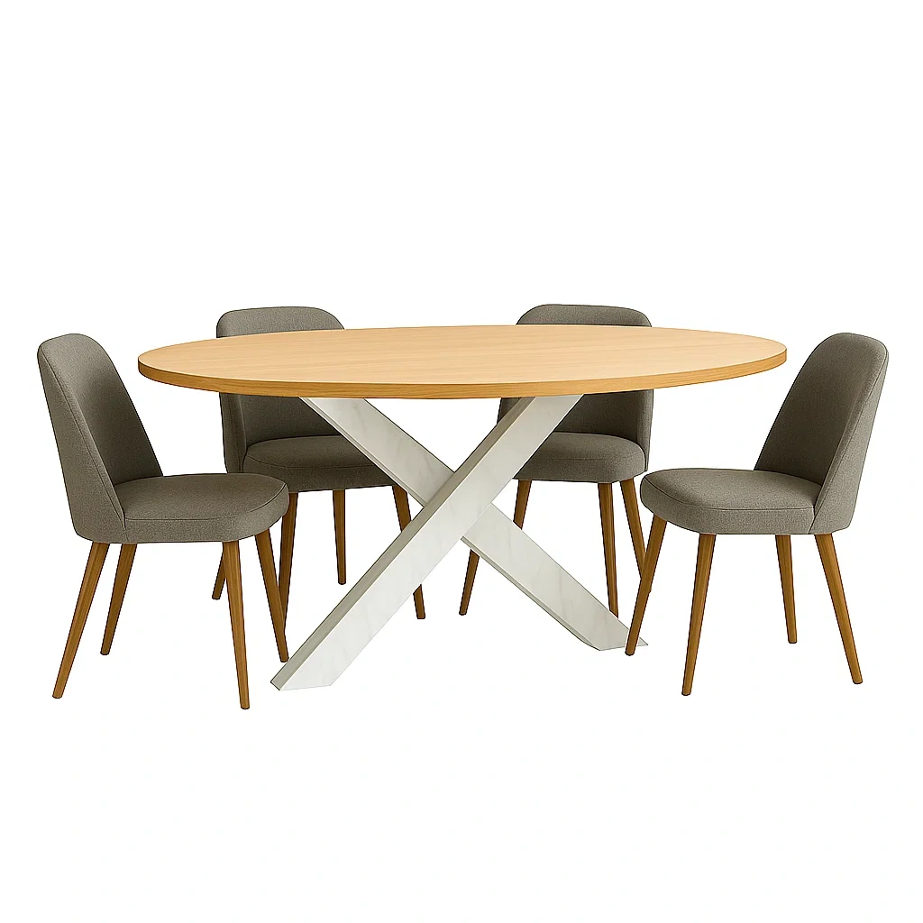 Ensemble de salle à manger 4 places, bois et tissu, beige, ovale, piètement en X, dimensions de la table 120 x 80 x 75 cm, dimensions des chaises 50 x 50 x 85 cm, pour salle à manger ou cuisine - YoudyRTO6umF
