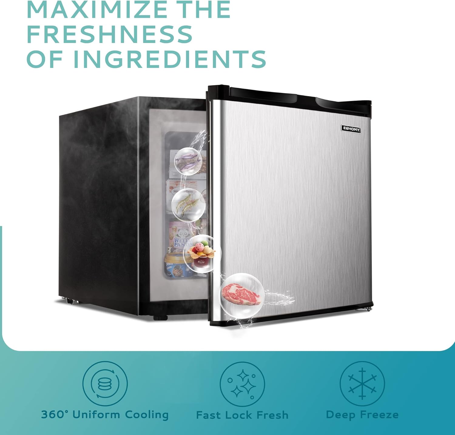 Gefrierschrank 2025, 85 Liter Nutzinhalt. Einzeltür aus Edelstahl, wendbar. Kompakter Gefrierschrank für Zuhause, Studentenwohnheime, Wohnungen und Büros (Silber).