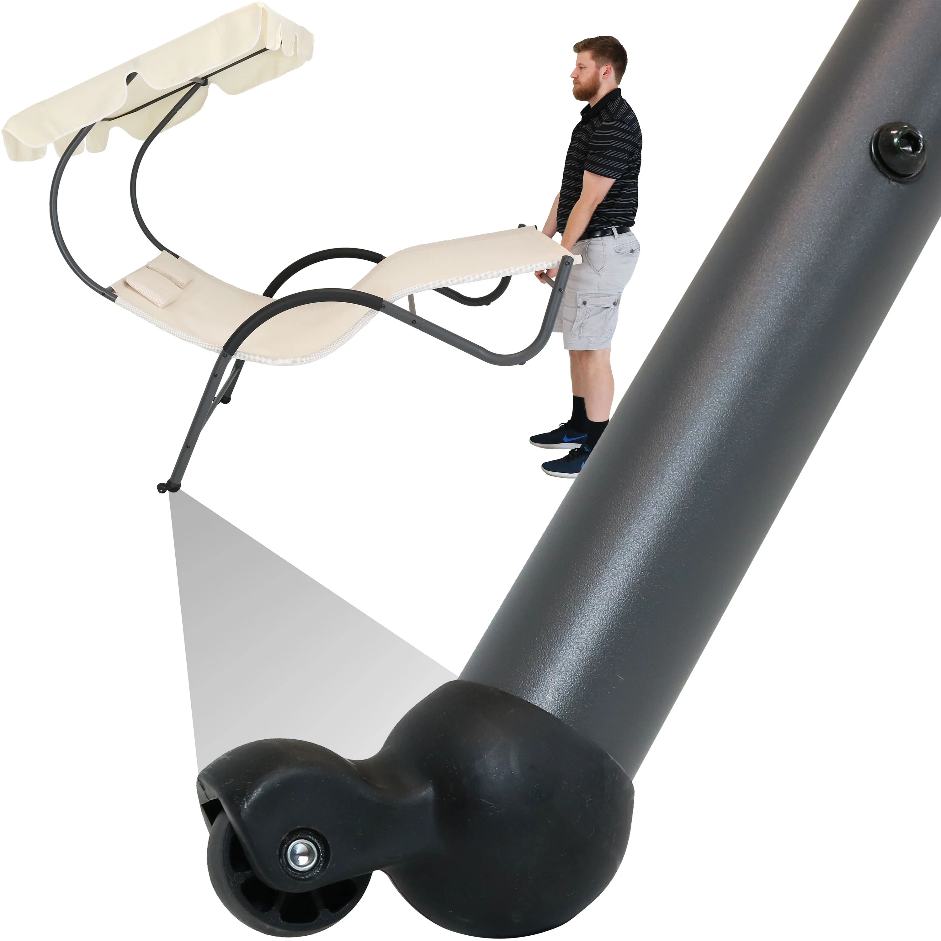 Transat double Sunnydaze 2025 avec auvent et coussin de tête - Beige