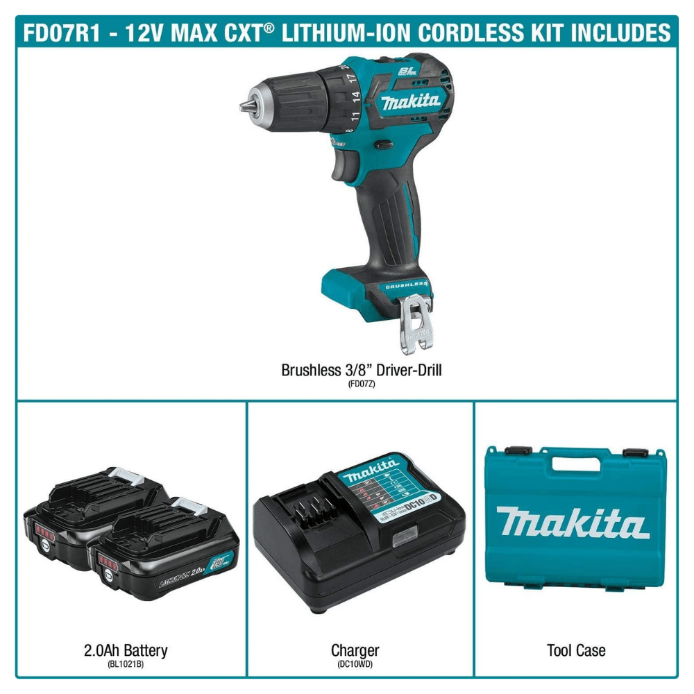 Kit perceuse-visseuse sans fil Makita FD07R1 12V MAX CXT avec moteur sans balais. 3/8 pouce (2025)