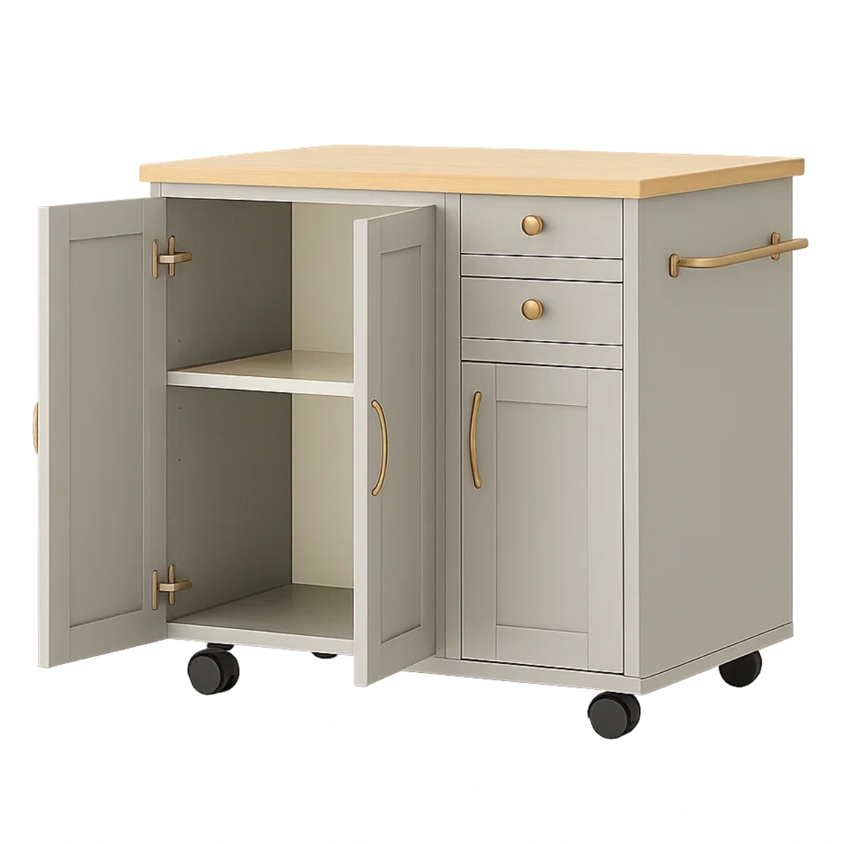 Chariot de cuisine à 3 portes, 2 tiroirs et une étagère, en bois naturel et gris, sur roulettes, 80 x 45 x 85 cm - 02fBVYY8fY5T