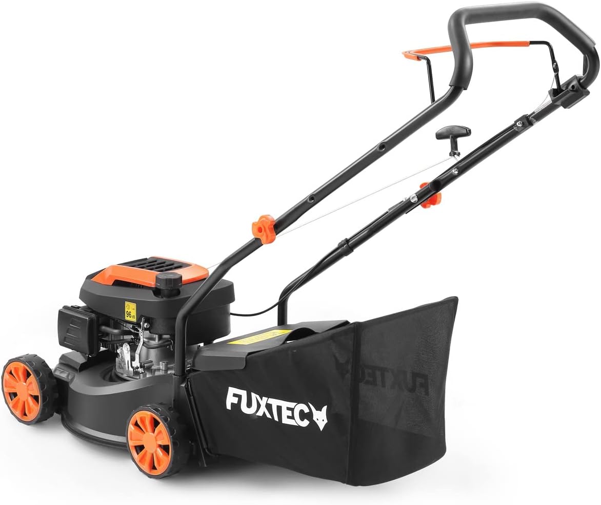 Tondeuse à gazon à essence FUXTEC FX-RM4646ECO, largeur de coupe de 46 cm, puissant moteur à essence de 146 cm³, nettoyage facile, 3 en 1, 2,6 kW, bac de ramassage mulching de 50 l.