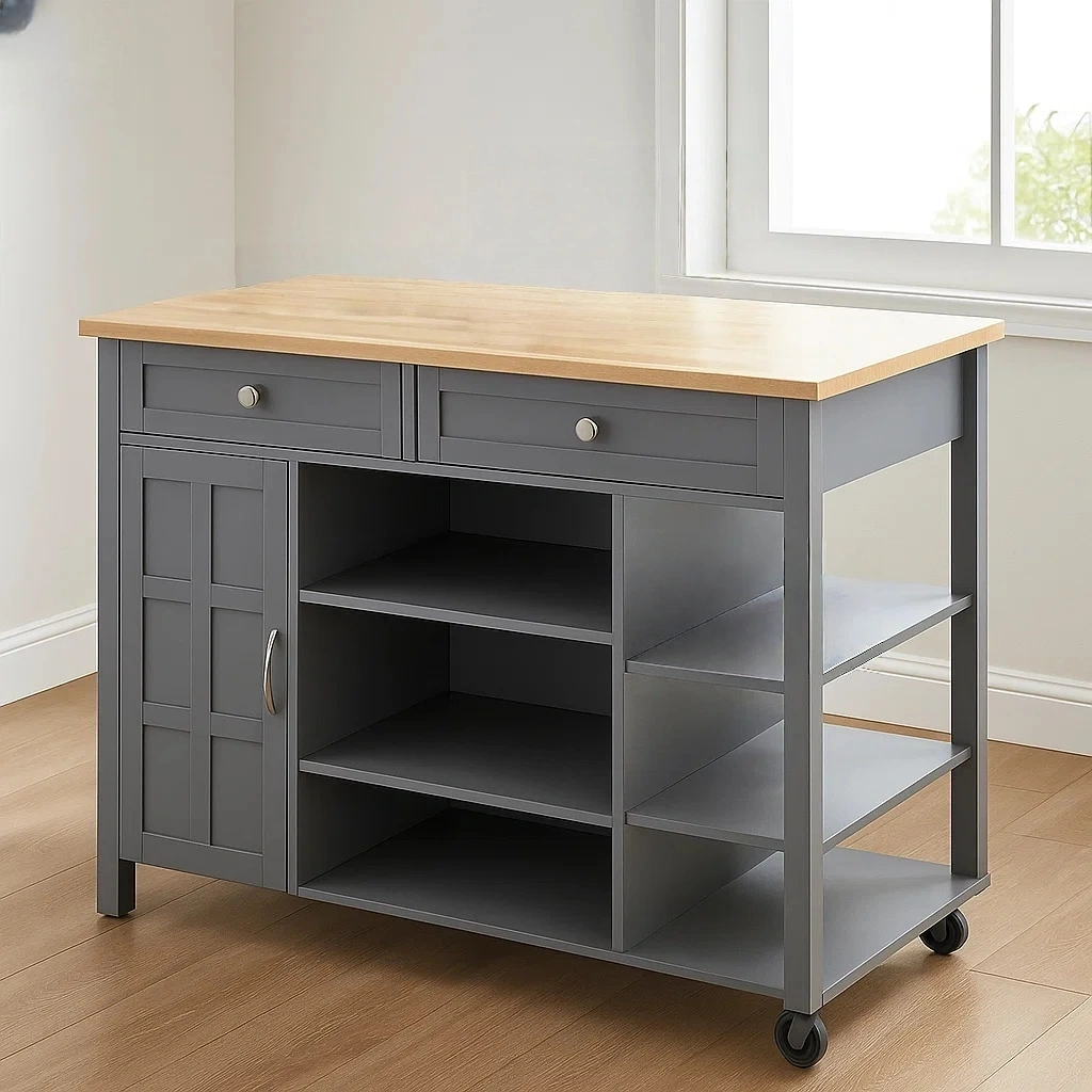 Îlot de cuisine rectangulaire sur roulettes, en MDF gris, avec plan de travail en bois, tiroirs, porte et étagères, dimensions : 120 cm de long, 48 cm de large, 90 cm de haut, pour cuisine domestique - J1mKJkhFUOyb