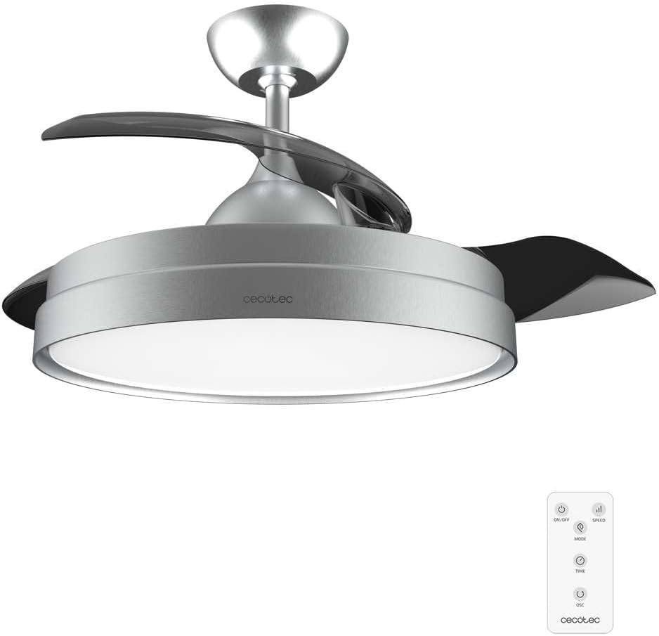 Ventilateur de plafond Cecotec à pales rétractables et lampe invisible EnergySilence Aero 4280 en acier, 40 W, diamètre 42 pouces (106 cm), minuterie, 3 tons lumineux, fonction été-hiver