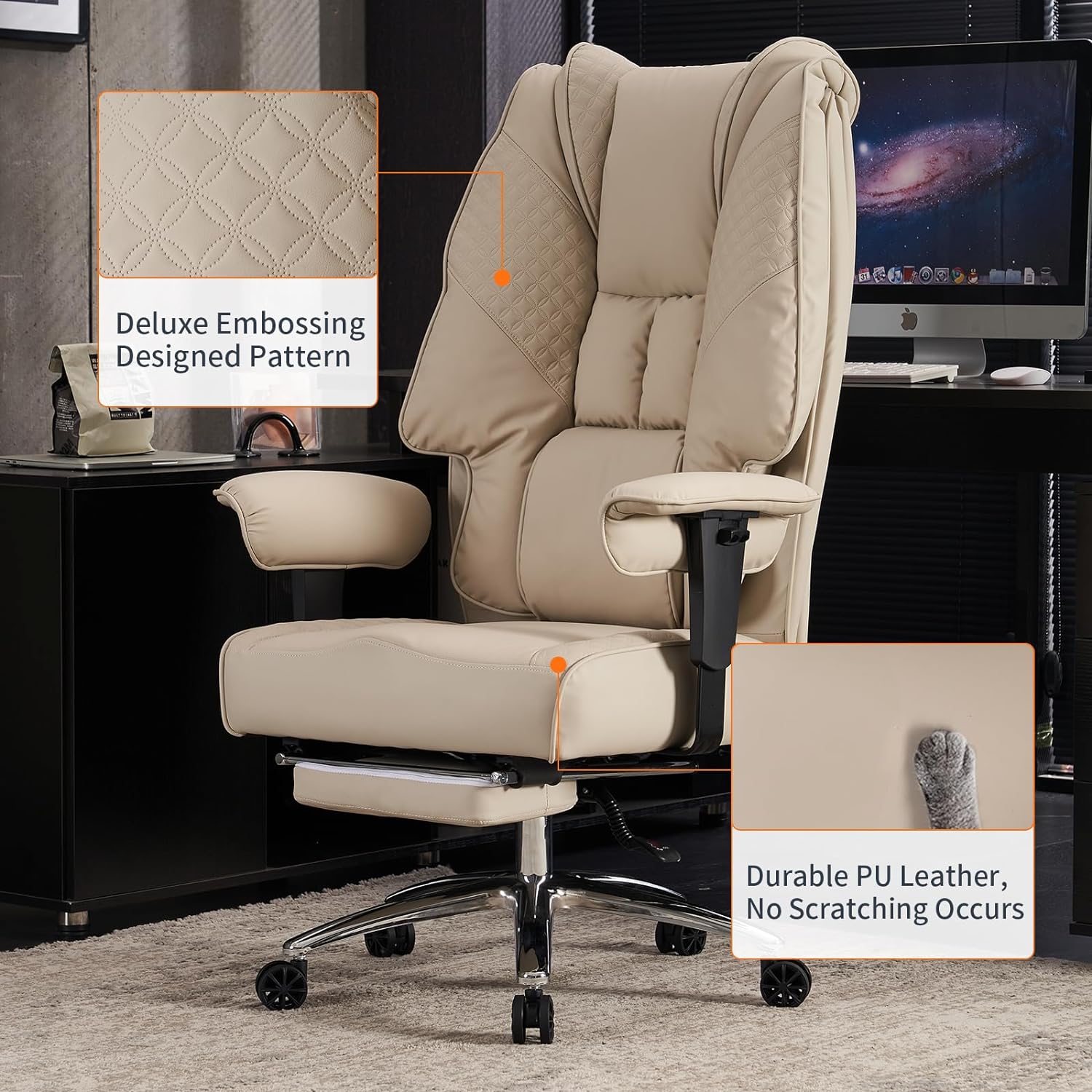 Hoher und breiter Bürostuhl für 181 kg, Chefsessel aus Leder mit hoher Rückenlehne und Fußstütze, ergonomischer Stuhl mit Lendenwirbelstütze zur Linderung von Rückenschmerzen (Beige)