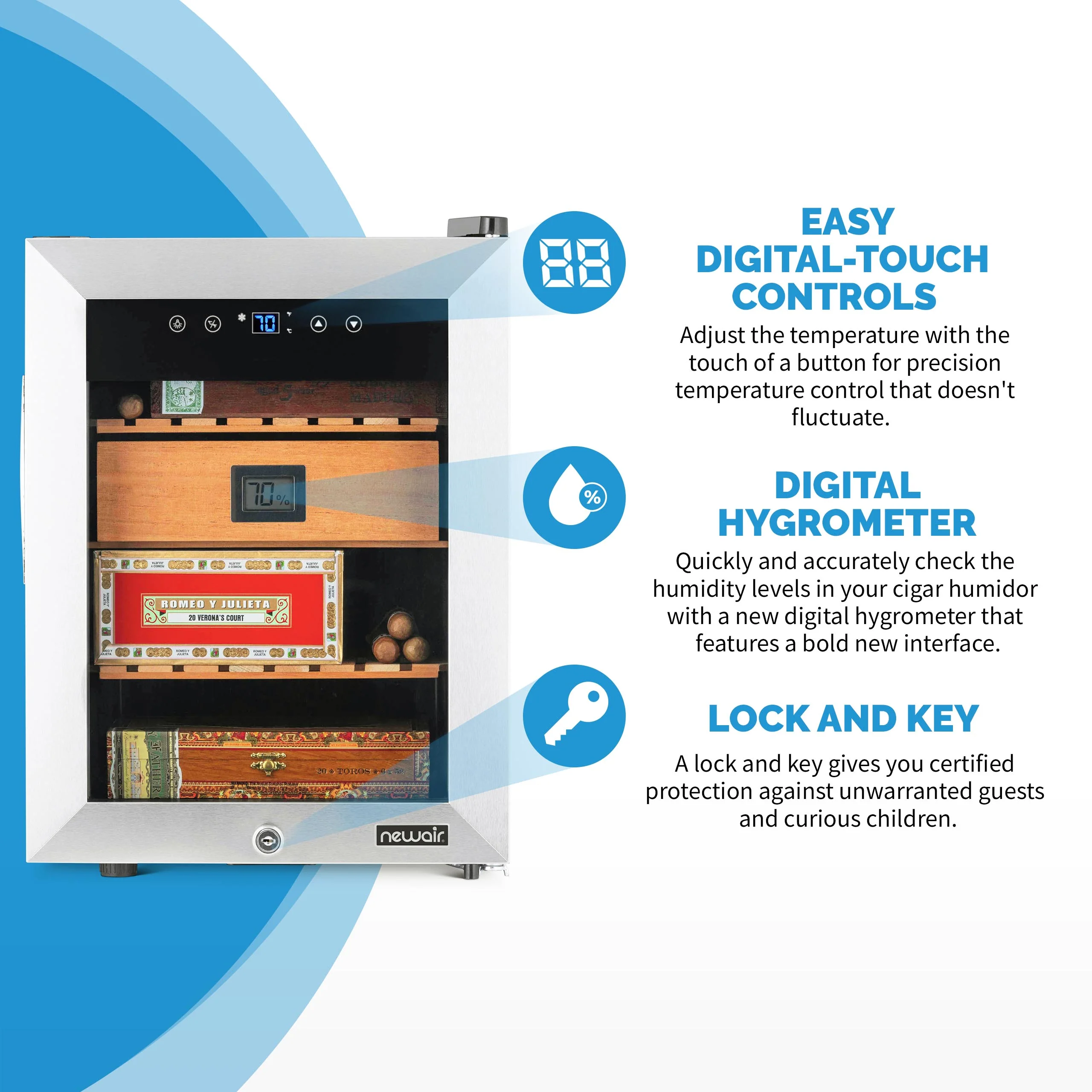 Cave à cigares électrique Newair® 2025 avec Opti-Temp™. Capacité : 250 cigares.