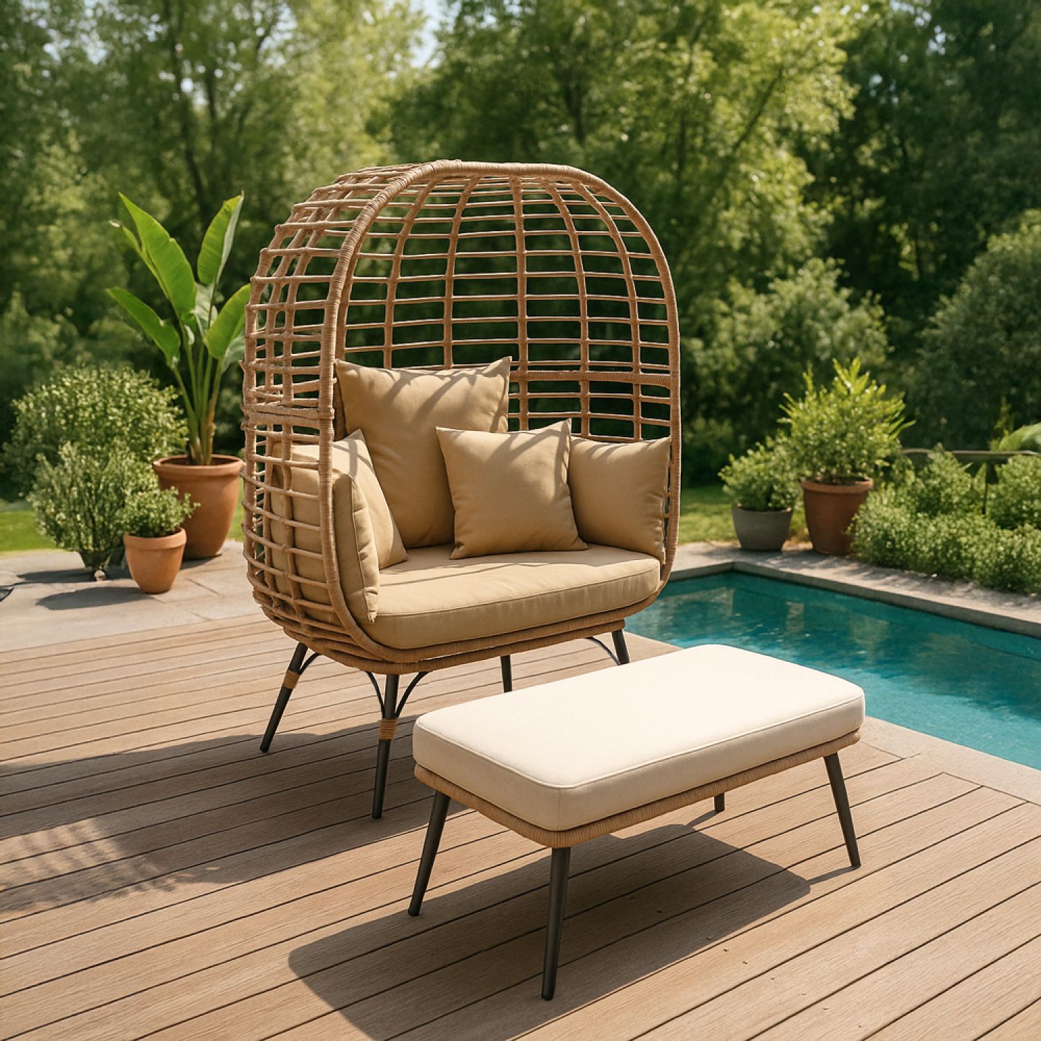 Jane Sessel- und Hocker-Set in Rattanoptik mit beigem Kissen