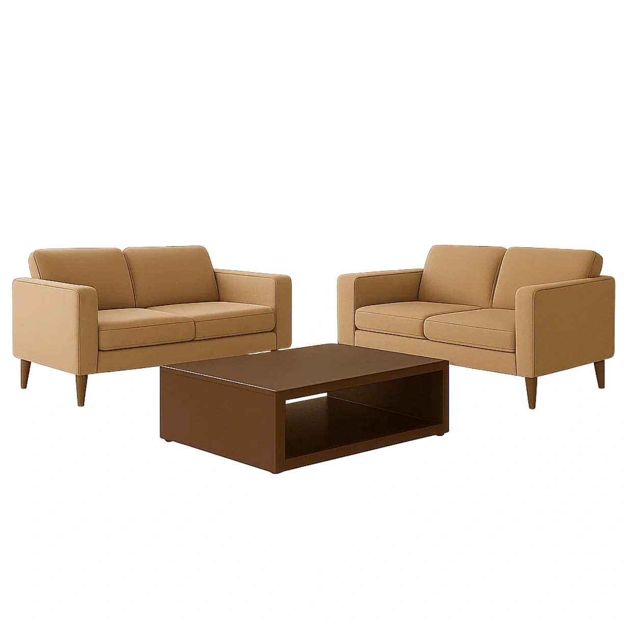 Ensemble canapé 4 places, similicuir marron clair, design modulable, structure fixe avec table d