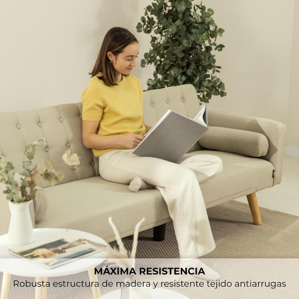 Nalui – 3-Sitzer-Schlafsofa, gepolstert, 203 x 82 x 78 cm, One Dots, mit 2 Kissen und Klick-Klack-Öffnungsmechanismus mit mehreren Liegepositionen. Chaiselongue-Schlafsofa mit Holzbeinen, umwandelbar in ein Doppelbett | Beige