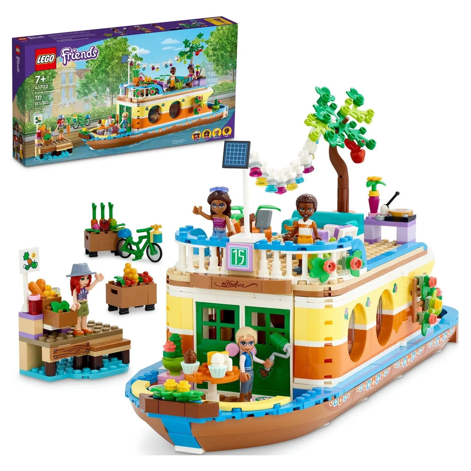 LEGO Friends Husbåd på kanalen 41702 Byggesæt; Indeholder 4 minidukker, inklusive Mia, og 1 legetøjsdyr; Fødselsdagsgave til børn fra 7 år (737 dele)