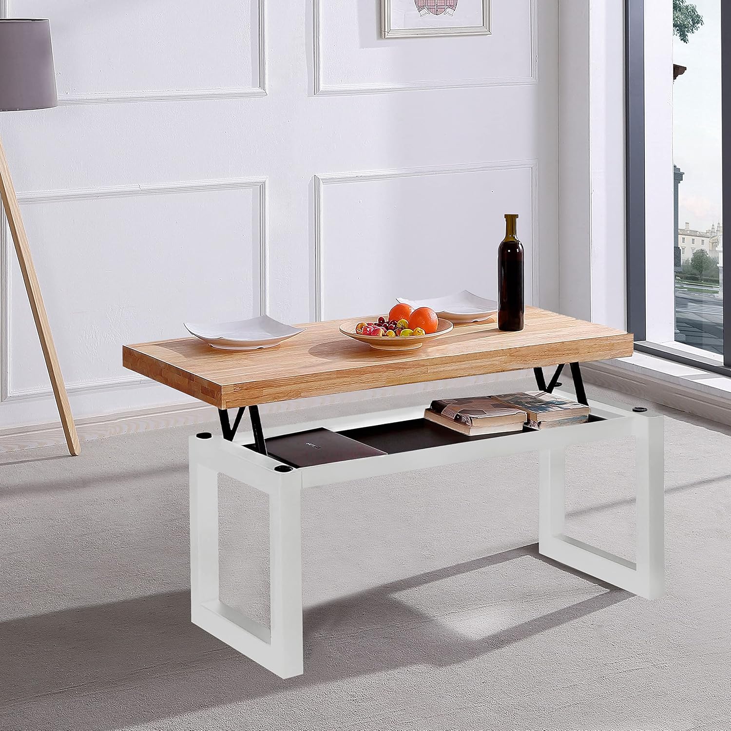 Duehome | Loft, höhenverstellbarer Couchtisch, Esstisch, Eiche und Weiß, Maße: 120 cm (L) x 60 cm (B) x 47,5/62 cm (H)