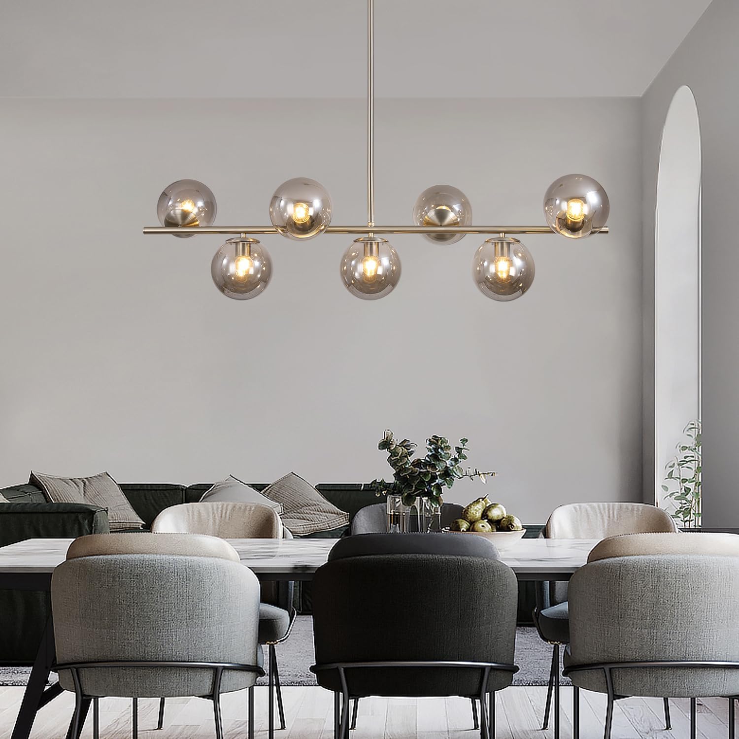 Moderne Esszimmerleuchte von KCO Lighting aus goldfarbenem Metall, Kücheninsel-Pendelleuchte aus weißem Glas, 7-flammig, E27, 80 cm höhenverstellbar