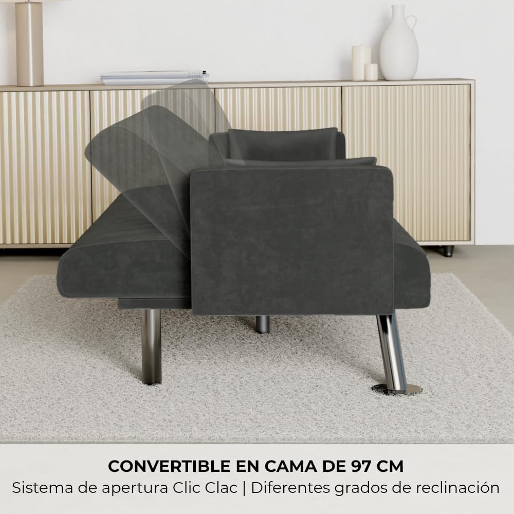 Nalui – Gepolstertes 3-Sitzer-Schlafsofa 210 x 80 x 79 cm, einlagig, 2 Kissen, Klick-Klack-Öffnungsmechanismus mit verstellbarer Rückenlehne. Samt-Chaiselongue-Schlafsofa, umwandelbar in ein Doppelbett | Beige