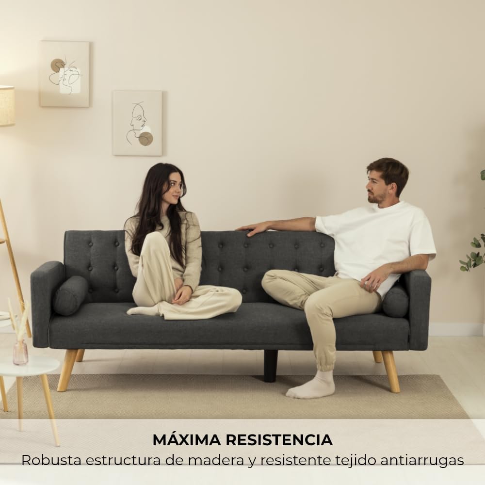 Nalui – 3-Sitzer-Schlafsofa, gepolstert, 203 x 82 x 78 cm, One Dots, mit 2 Kissen und Klick-Klack-Öffnungsmechanismus mit mehreren Liegepositionen. Chaiselongue-Schlafsofa mit Holzbeinen, umwandelbar in ein Doppelbett | Beige