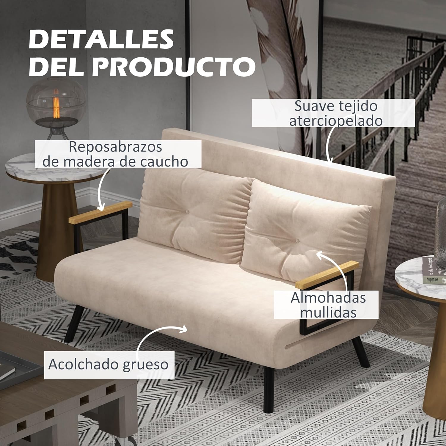 HOMCOM Schlafsofa, 2-Sitzer, Klappsofa, Samtbezug, 5-fach verstellbare Rückenlehne und gepolsterte Kissen, für Büro, Schlafzimmer, Wohnzimmer, 102 x 73 x 81 cm, Beige