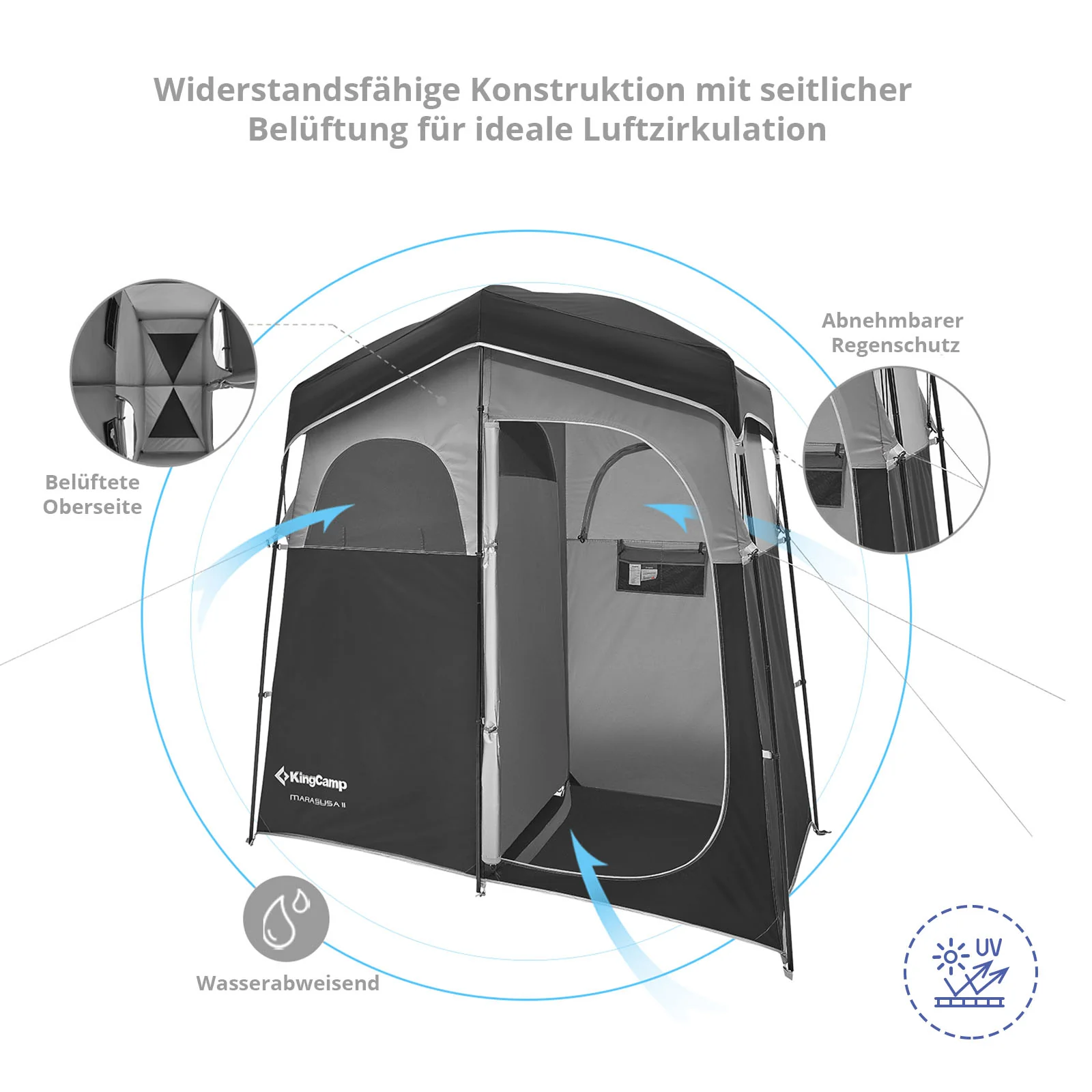 2025 KingCamp Marasusa II – Multifunktionales Zelt mit 2 Kabinen, Dusche und Testkabine mit Trennwand, Wäscheleine, UV-Schutz und guter Belüftung