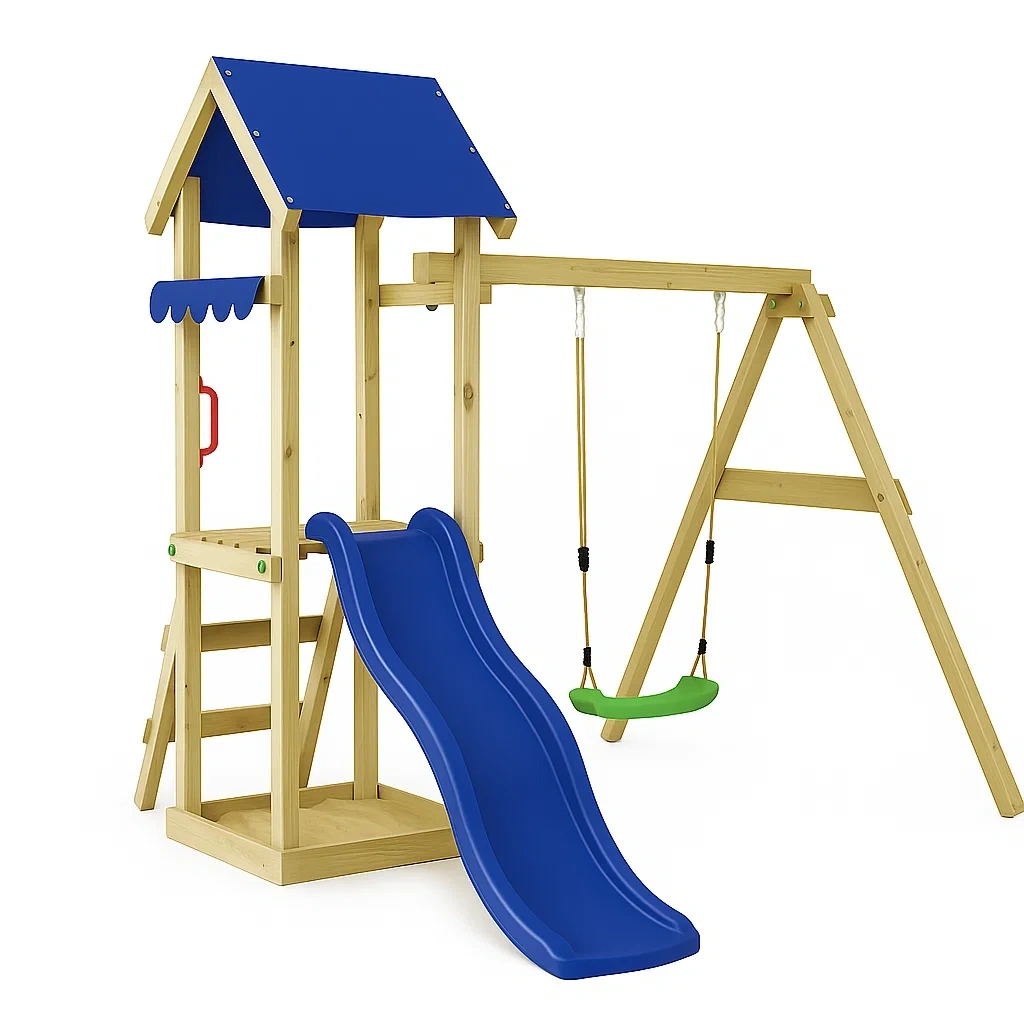 Balançoire pour enfants 320x280x230 cm bois/plastique bleu - DxWmBJqg31bt