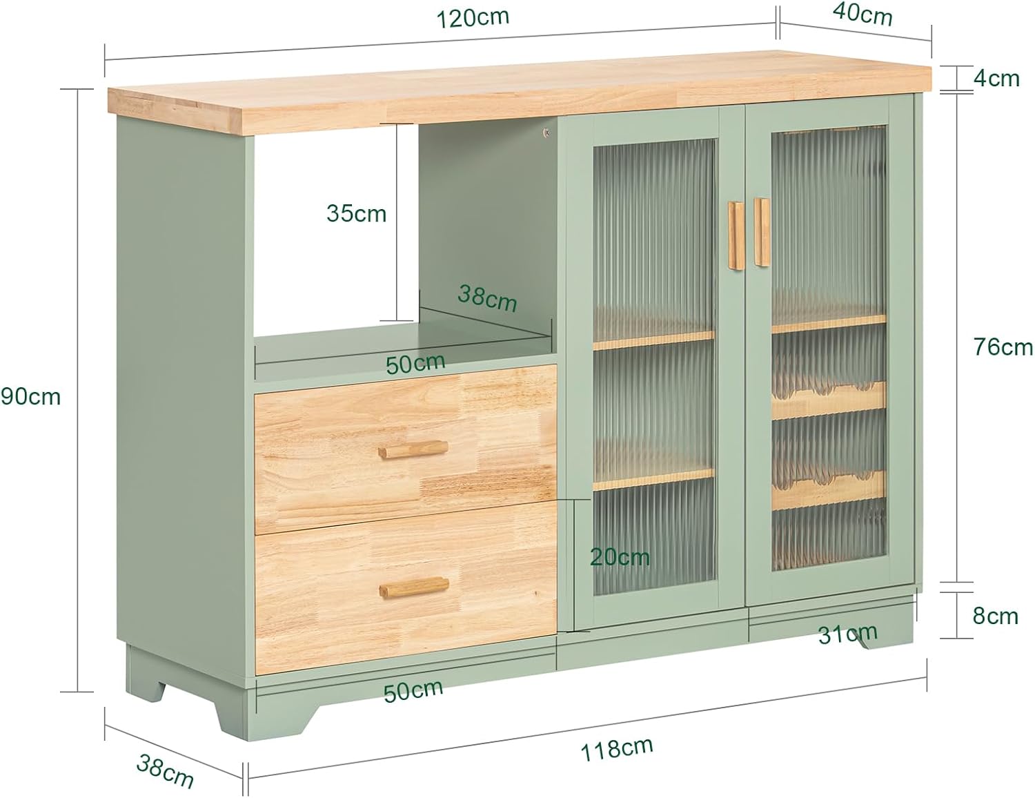 SoBuy FSB81-GR Küchenbuffet mit Mikrowellenfunktion für Esszimmer, Eingangsbereich und Wohnzimmer, mit 2 Türen, 2 Schubladen und 1 offenem Fach, Grün, 120 x 40 x 90 cm, EN