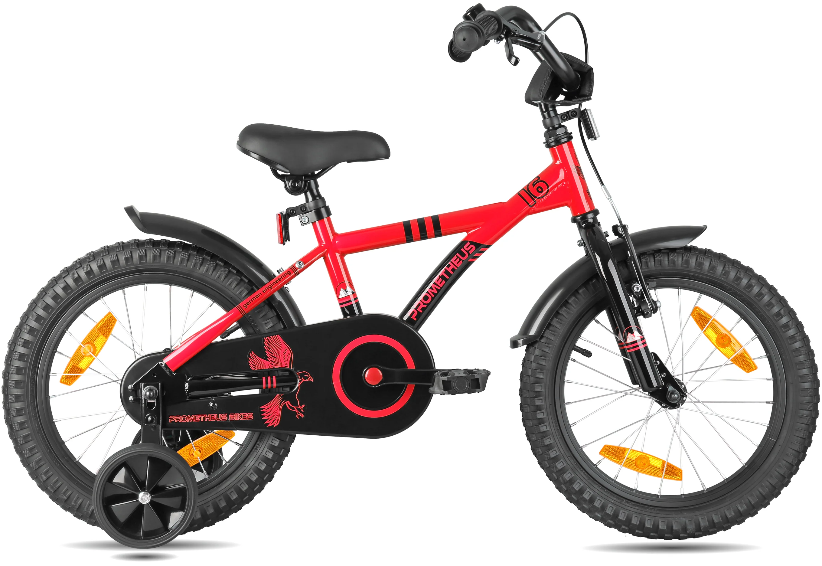 Vélo enfant 2025 de 16 pouces avec stabilisateurs. Rouge et noir. 4-5 ans.
