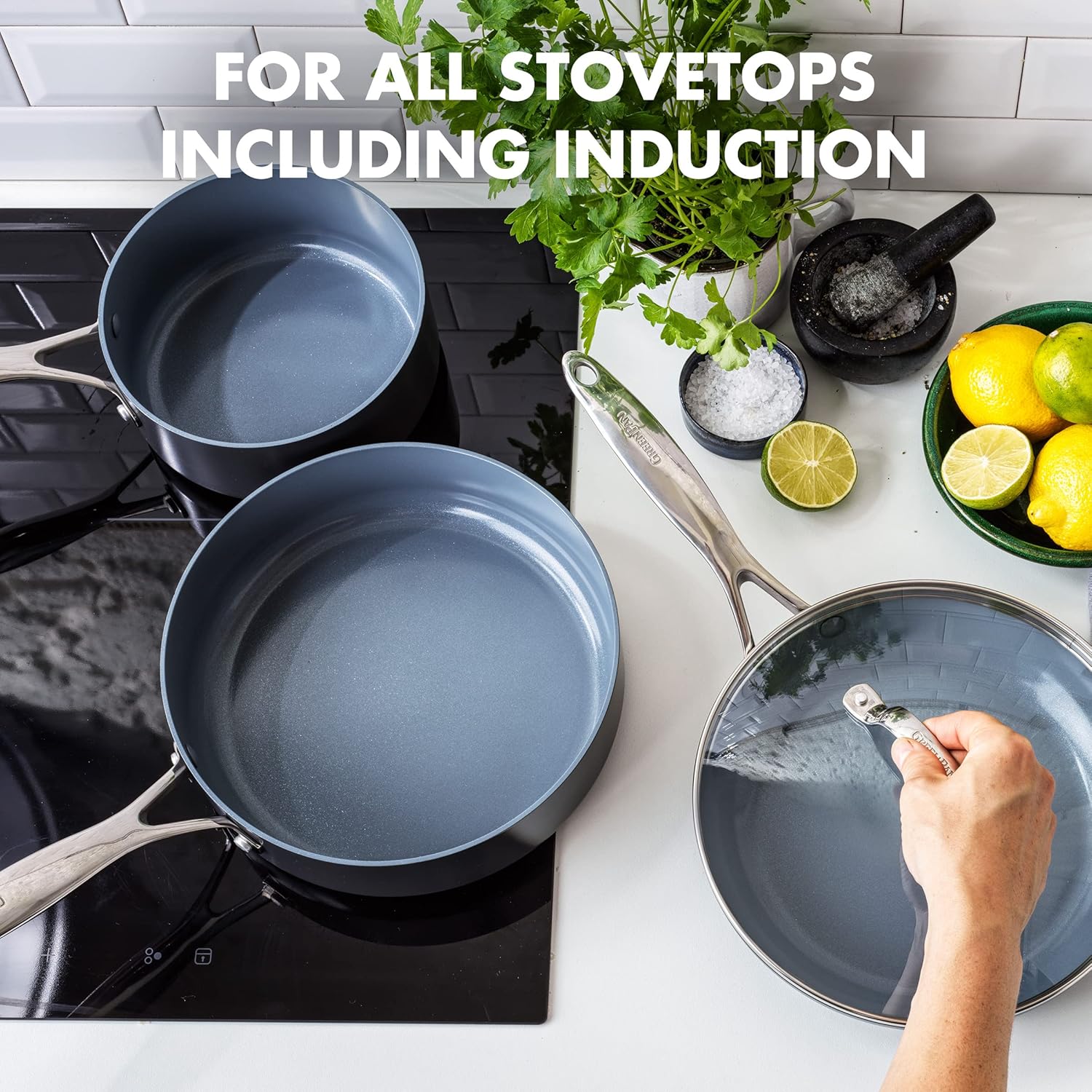 GreenPan Valencia Pro 11-teiliges Kochgeschirr-Set, gesunde, antihaftbeschichtete, hart eloxierte Keramik, inklusive Bratpfannen, Fritteuse, Töpfen und Deckeln, PFAS-frei, induktionsgeeignet, spülmaschinen- und ofenfest, Grau