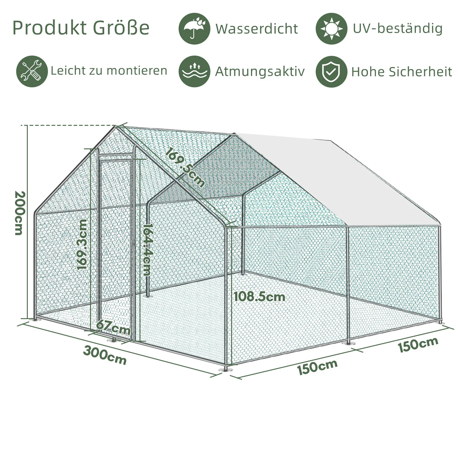 Sonnewelt 2025 Metall-Hühnerstall mit Markise, 3 x 3 x 2 m