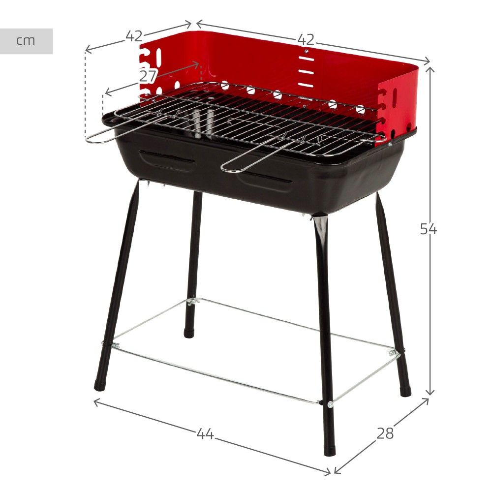 Tragbarer Holzkohlegrill mit Windschutz und höhenverstellbarem Grillrost, 42 x 42 x 54 cm – Stahl. Schwarz und Rot.