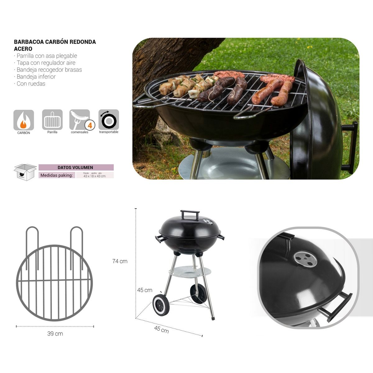 Lolahome Holzkohlegrill mit Stahlrost, 74 x 45 x 41 cm, Schwarz