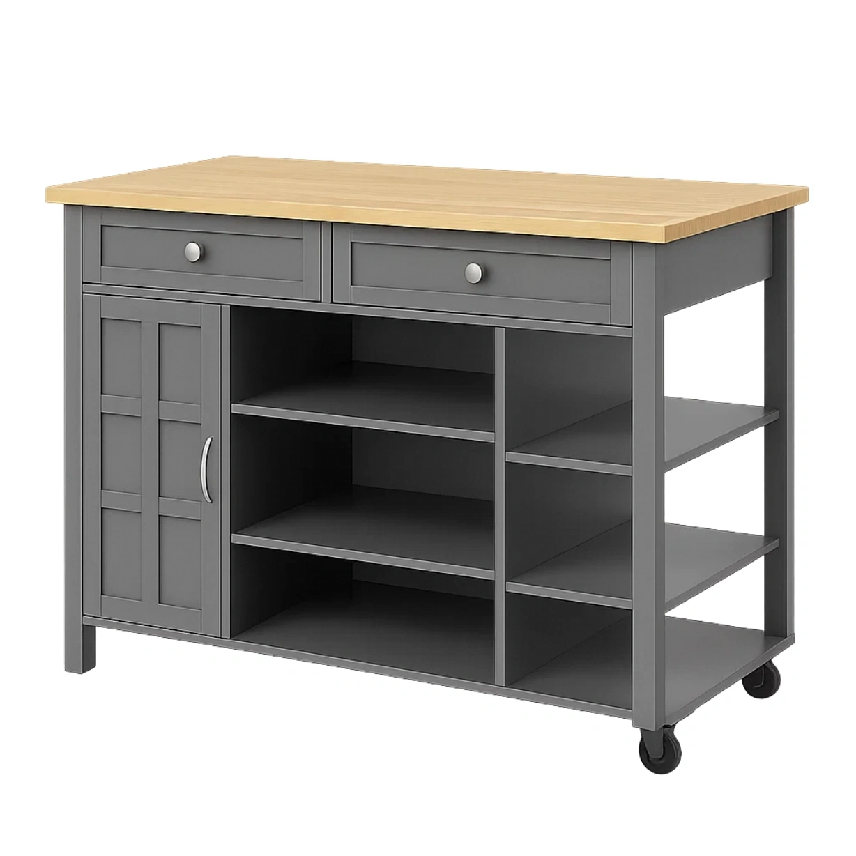 Îlot de cuisine rectangulaire sur roulettes, en MDF gris, avec plan de travail en bois, tiroirs, porte et étagères, dimensions : 120 cm de long, 48 cm de large, 90 cm de haut, pour cuisine domestique - J1mKJkhFUOyb