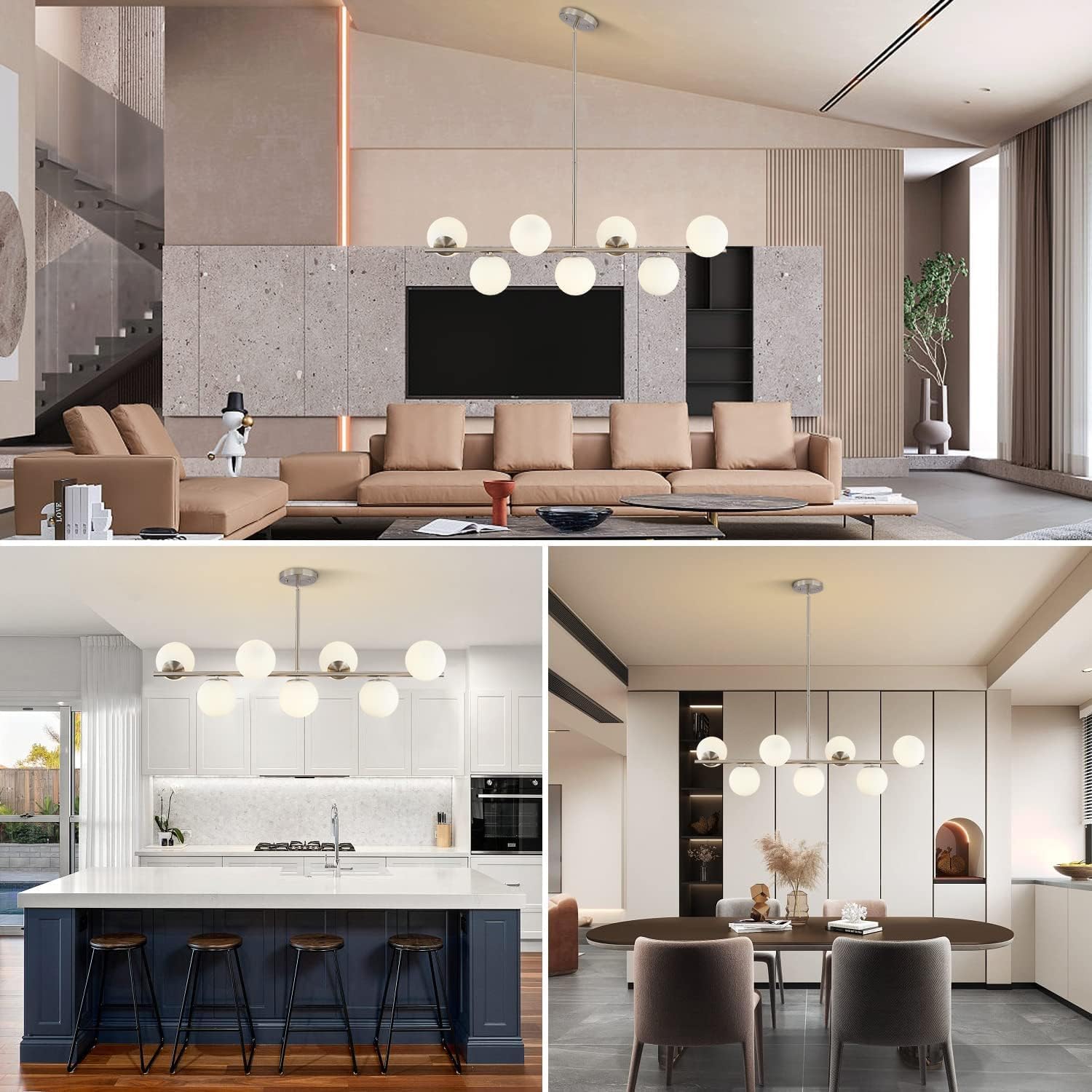 Moderne Esszimmerleuchte von KCO Lighting aus goldfarbenem Metall, Kücheninsel-Pendelleuchte aus weißem Glas, 7-flammig, E27, 80 cm höhenverstellbar