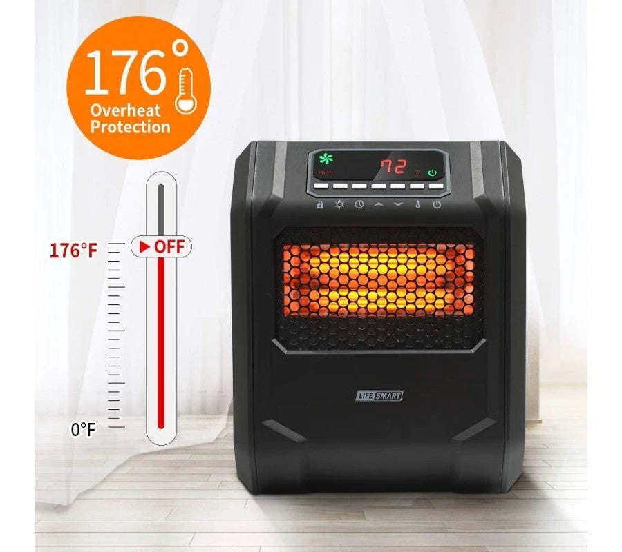 LIFE SMART Infrarot-Heizstrahler mit 6 Quarzheizelementen, LED-Digitalanzeige, Schnellheizfunktion mit Fernbedienung und Timer, Thermostatsystem mit Kipp- und Überhitzungsschutz für Zuhause