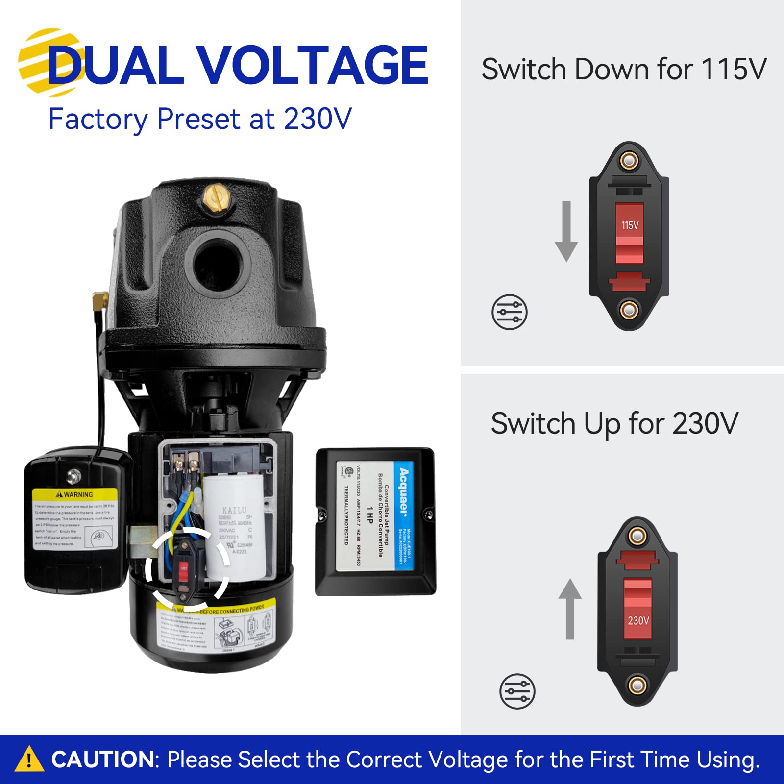Pompe à jet convertible Acquaer 1 CV pour puits peu profonds/profonds, en fonte avec kit d'éjection, profondeur de puits jusqu'à 7,5 m ou 27 m, double tension 115 V/230 V, pressostat automatique