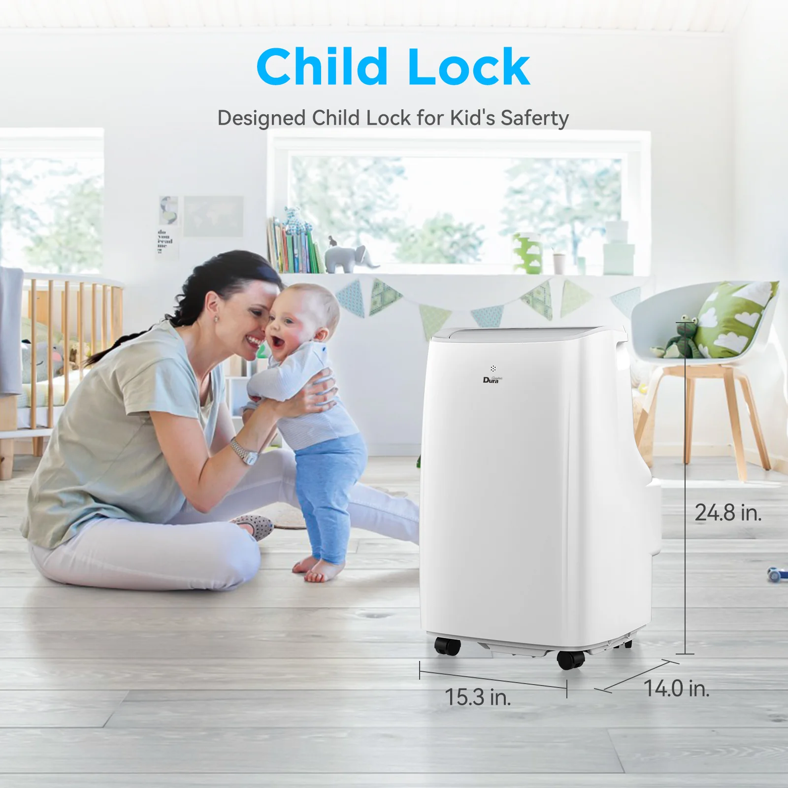 2025 DuraComfort 3-i-1 bærbar klimaanlæg – 8.000 BTU (ASHRAE) / 5.300 BTU (SACC) – Stille – Til rum op til 18,5 m²