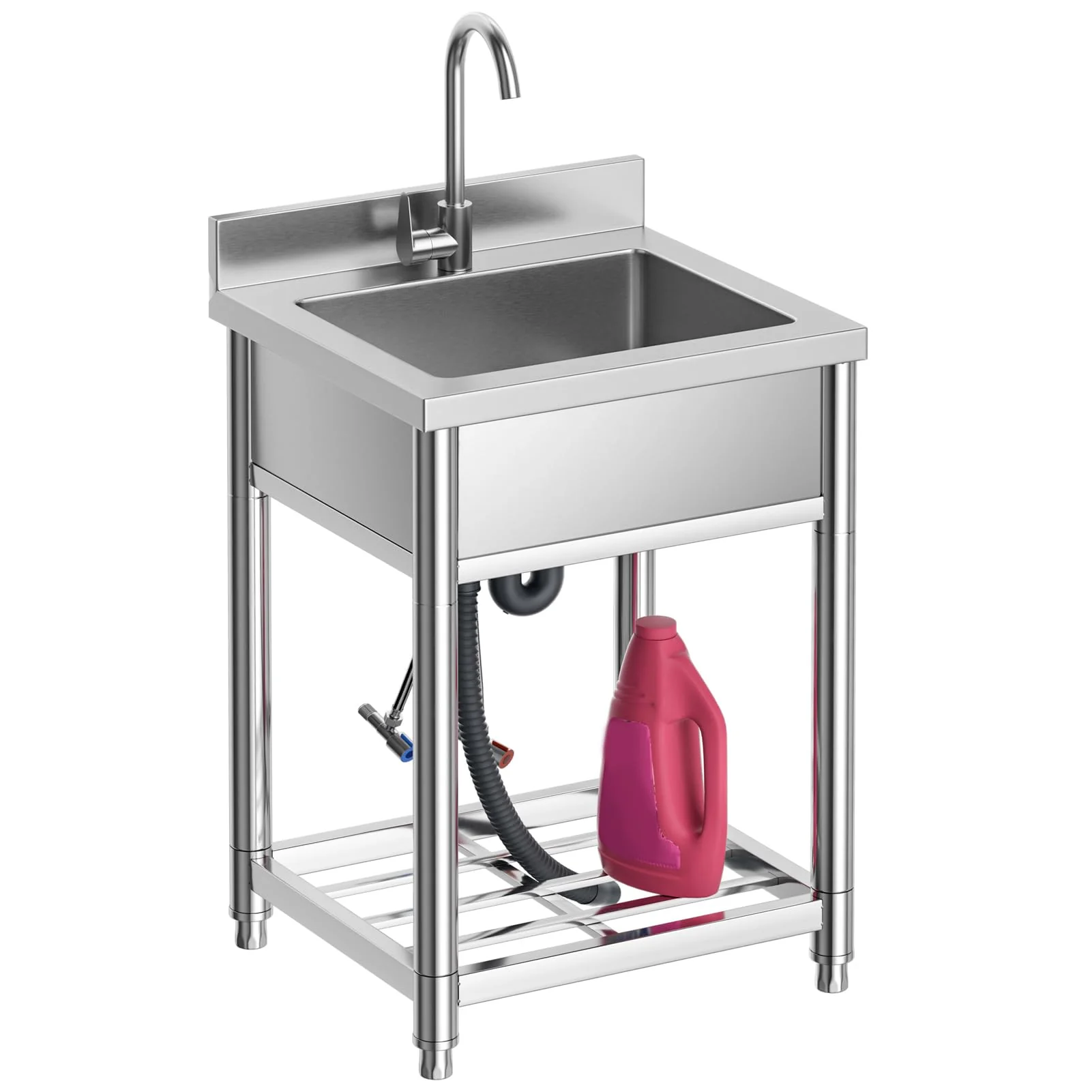 Rustfri stålvask. Fritstående køkkenvask med enkelt kumme og varmt- og koldtvandshane. Kommerciel vask til restaurant, bar, café og hotel. Indendørs og udendørs brug. 21,7 tommer.
