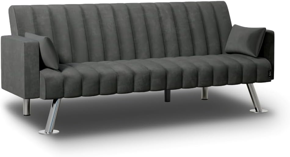 Nalui – Gepolstertes 3-Sitzer-Schlafsofa 210 x 80 x 79 cm, einlagig, 2 Kissen, Klick-Klack-Öffnungsmechanismus mit verstellbarer Rückenlehne. Samt-Chaiselongue-Schlafsofa, umwandelbar in ein Doppelbett | Beige