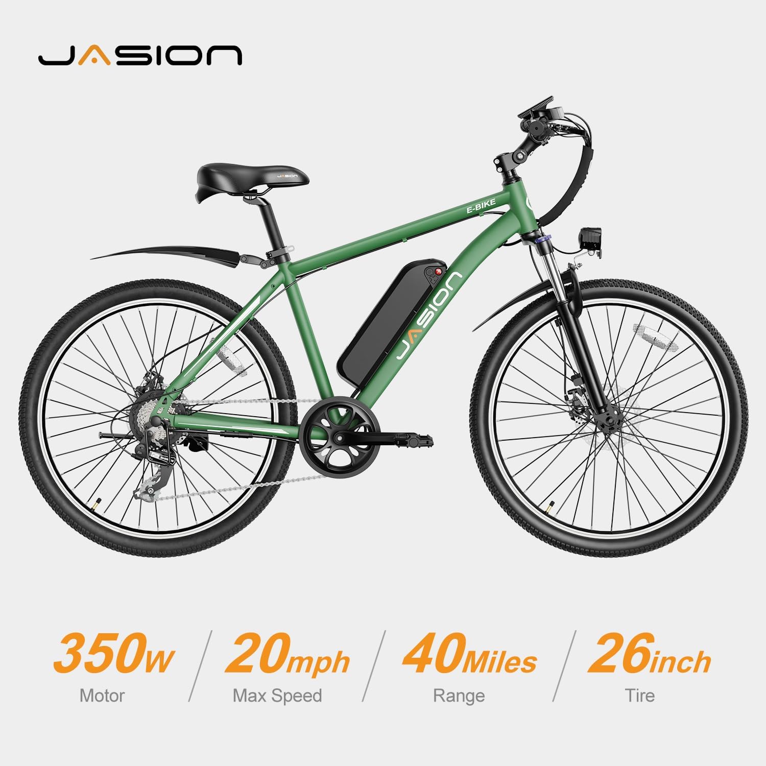 Vélo électrique Jasion EB5 pour adultes avec batterie amovible de 360 ​​Wh, 64 km, 32 km/h, VTT électrique de ville avec moteur de 350 W, 7 vitesses, pneus de 26 pouces et suspension avant.