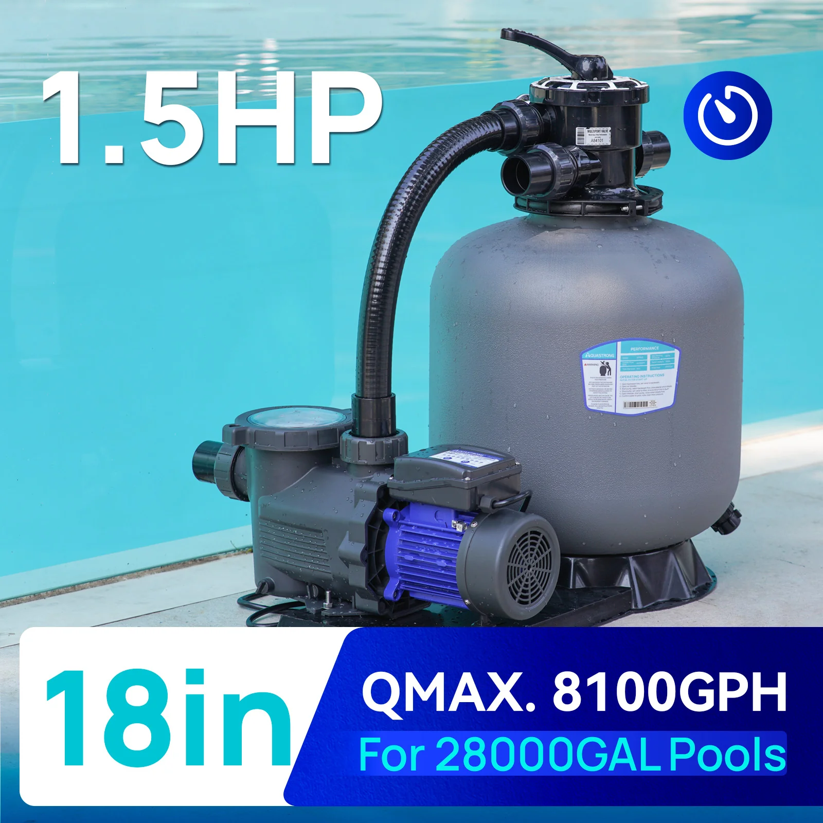 Pompes à filtre à sable 2025, 115 V. Puissance : 0,5 à 3 CV. Diamètre : 30 à 50 cm. Débit jusqu’à 33 400 l/h pour piscines jusqu’à 144 000 litres. Avec vanne à 6 voies.