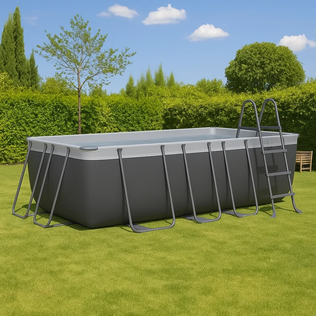 Piscine tubulaire rectangulaire, structure métallique grise, installation extérieure, dimensions 400 x 200 x 75 cm - y1A0aEPbeK87