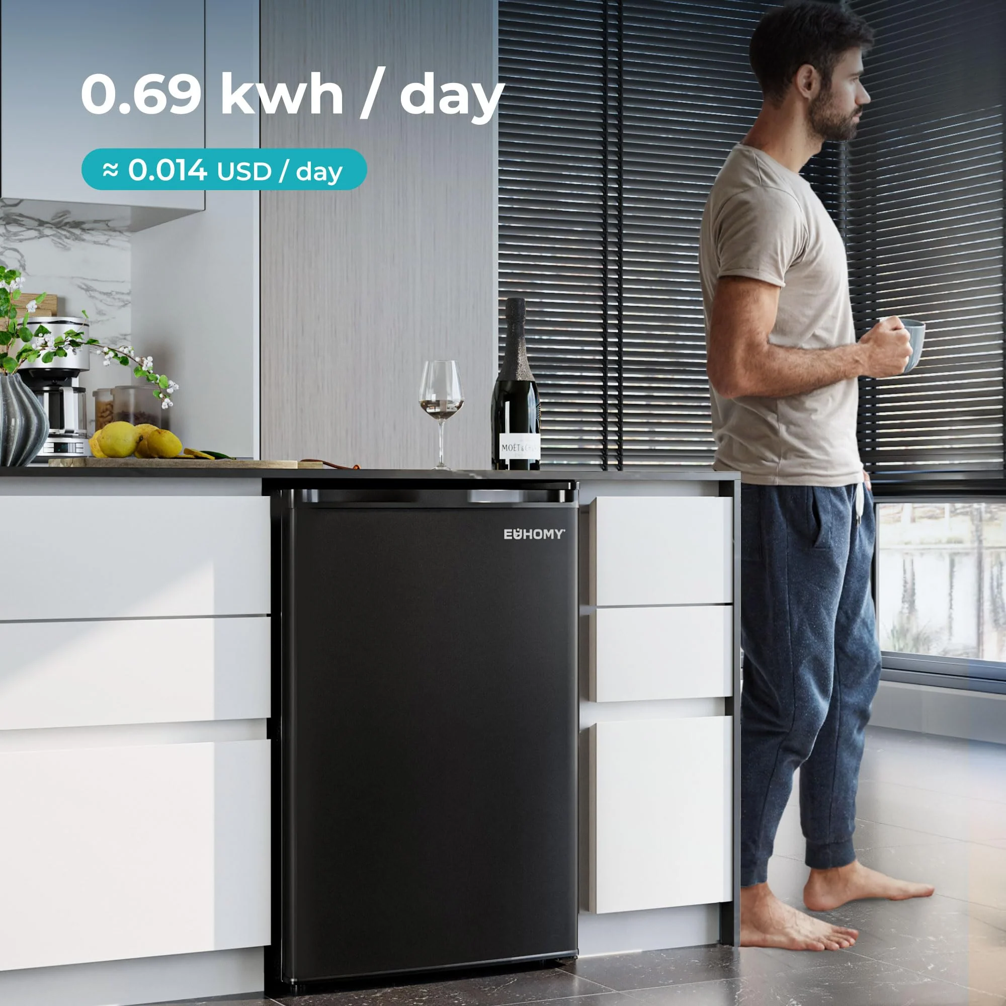 2025 EUHOMY Minikøleskab med kompakt fryser. Enkeltdør