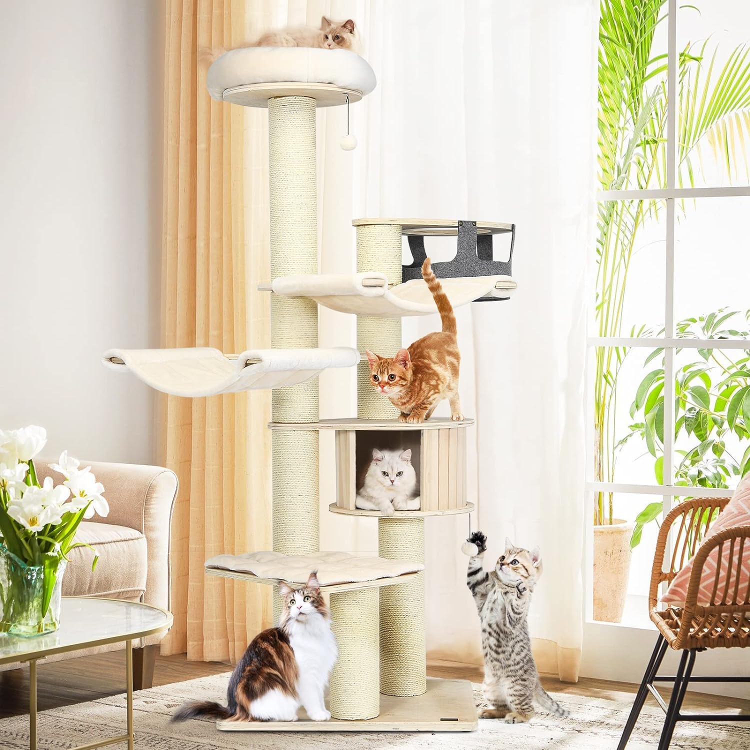 Grand arbre à chat, tour à plusieurs niveaux avec poteau en sisal, hamac, panier suspendu et tapis amovibles et lavables, parfait pour les grands chats