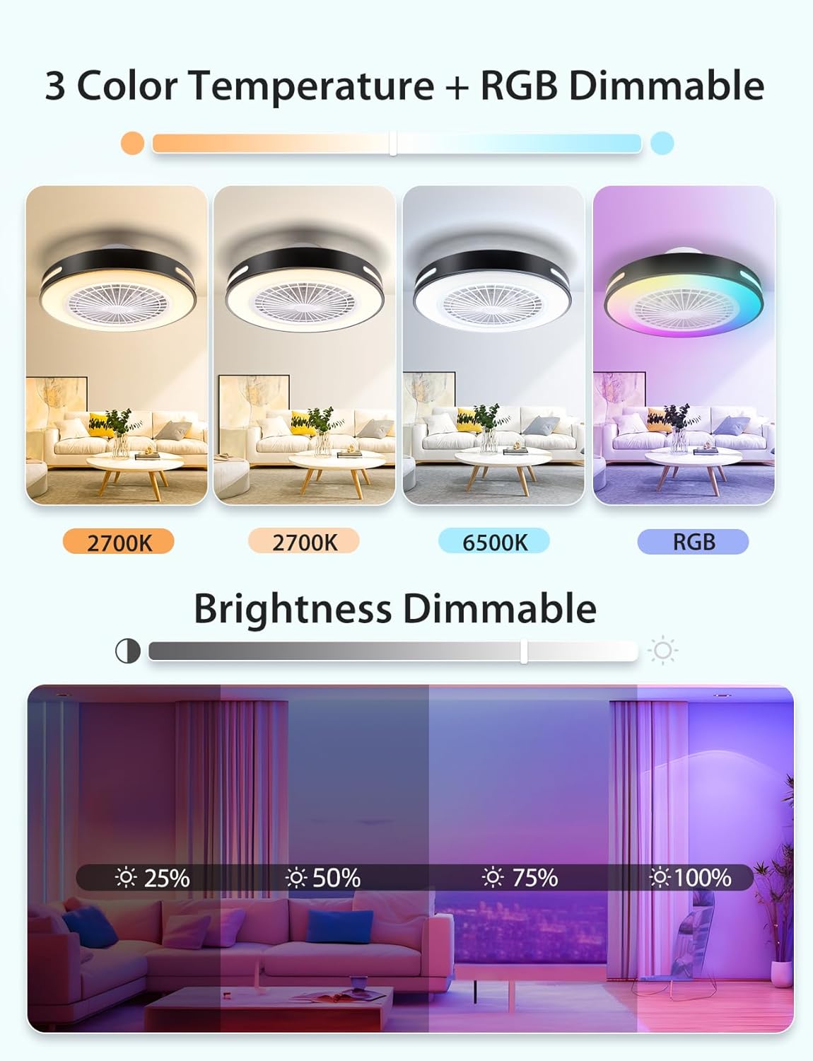 Aigostar - Ventilateur de plafond Alexa, lumière LED 40 W, 4 400 lm, 2 700 K-6 500 K et RGB à intensité variable, lampe de ventilateur de plafond intelligente avec télécommande et passerelle, silencieux, 6 vitesses, diamètre 50 cm, 2 unités