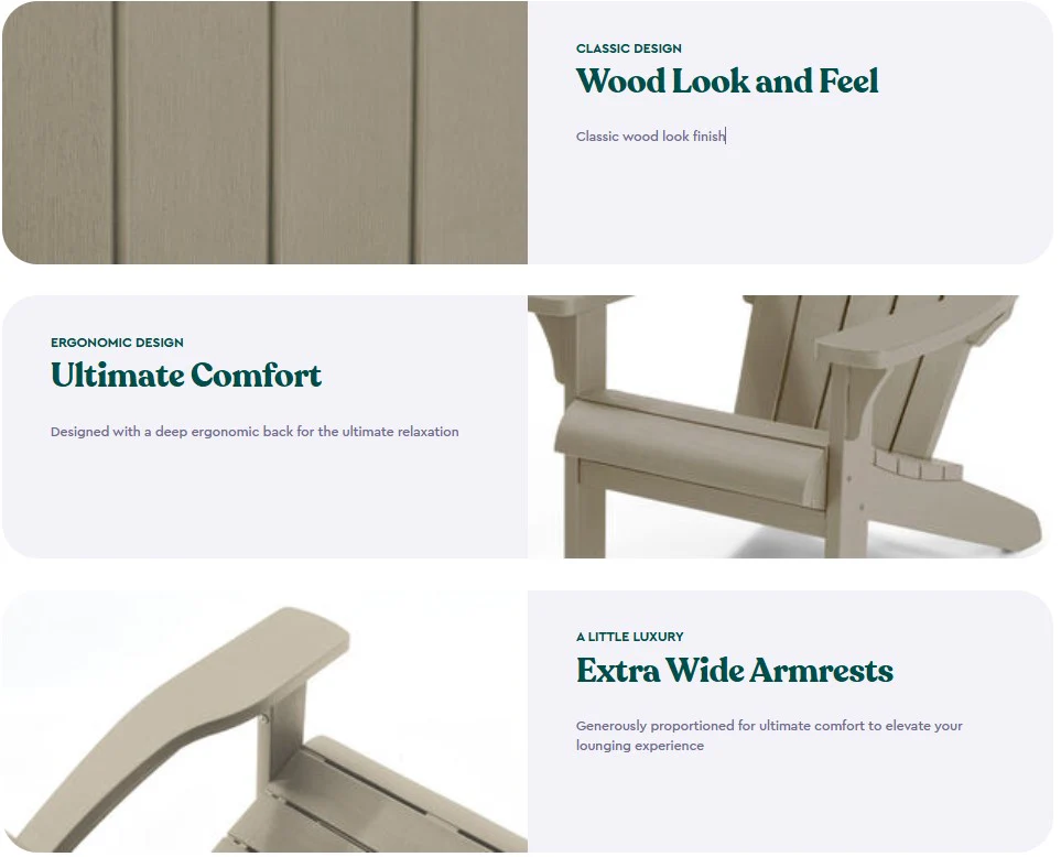 2025 Nyd charmen ved træ uden vedligeholdelsesbesvær med Keter Alpine Adirondack-stolen i dens moderne Silver Sage-farve.