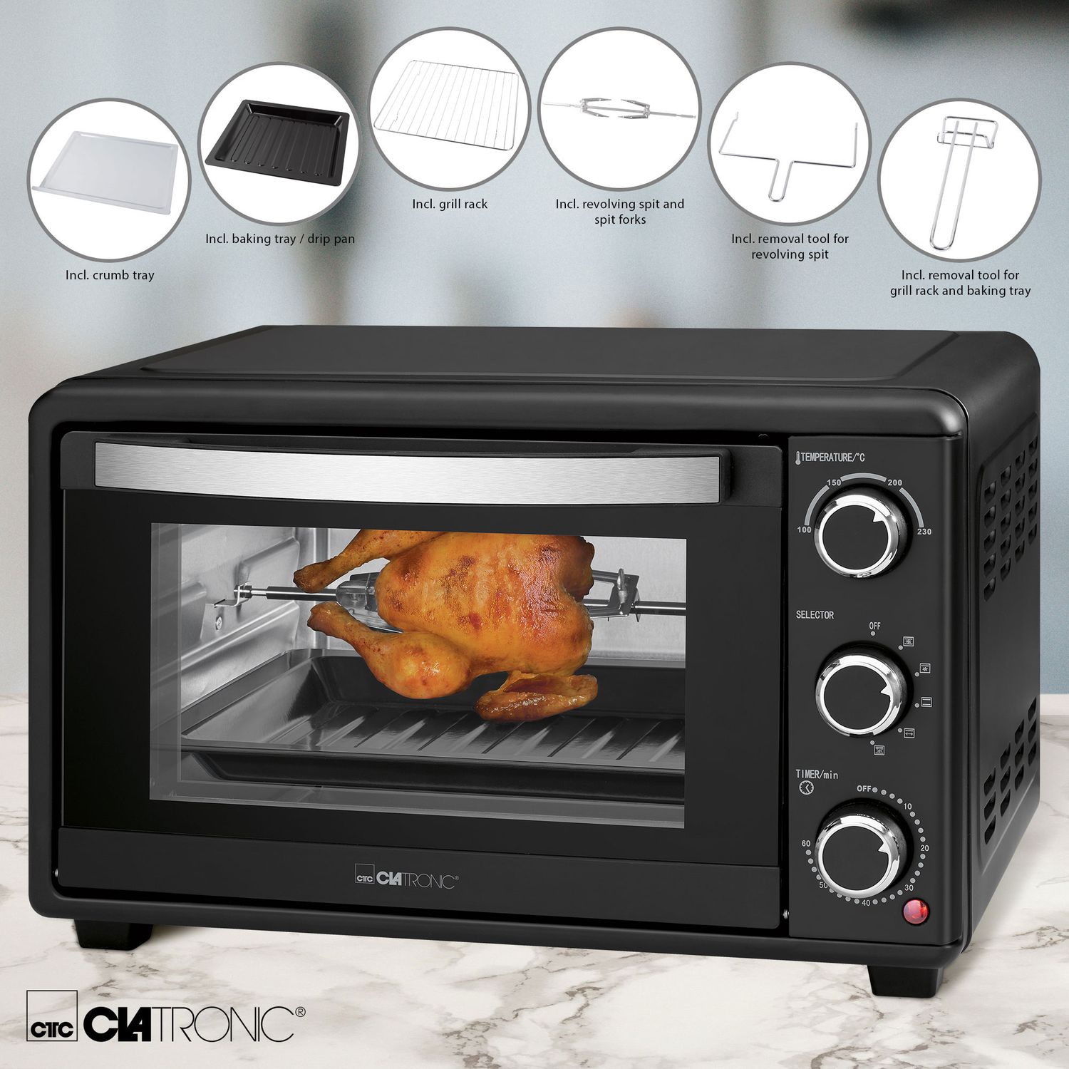 Tisch-Konvektionsofen, 25 l, Drehspieß, Grill, 6 Programme, 60-Minuten-Timer, Schwarz, 1500 W, Clatronic MBG 3727