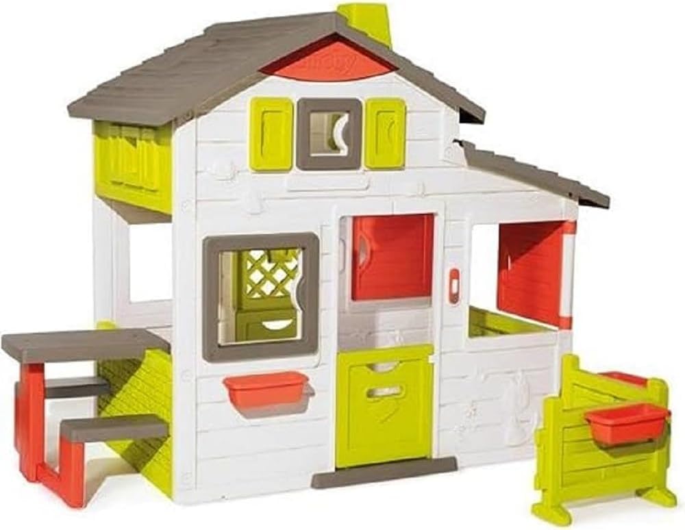 Smoby Life - Friends House EVO Spielhaus mit 2 Türen, 6 Fenstern und abnehmbarem Picknicktisch – Hergestellt aus recyceltem Material, UV-Schutz, für Kinder ab 3 Jahren (7600810208)