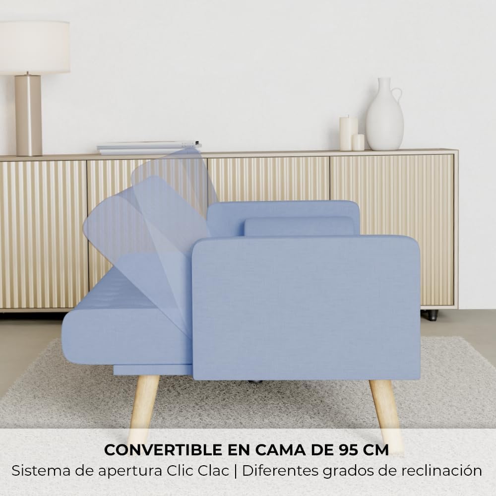 Nalui – 3-Sitzer-Schlafsofa, gepolstert, 203 x 82 x 78 cm, One Dots, mit 2 Kissen und Klick-Klack-Öffnungsmechanismus mit mehreren Liegepositionen. Chaiselongue-Schlafsofa mit Holzbeinen, umwandelbar in ein Doppelbett | Beige