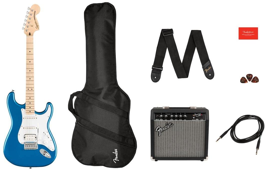 Pack Stratocaster Squier by Fender Affinity Series, HSS, touche en érable, bleu Lake Placid