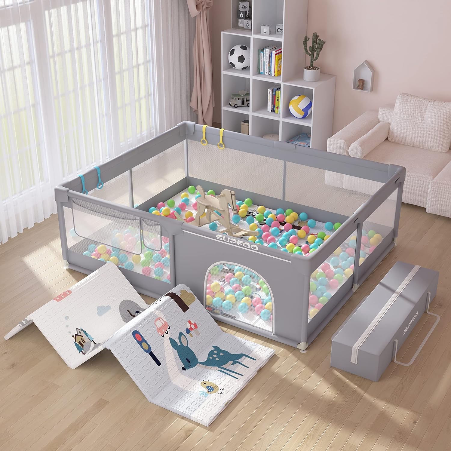 2025 SUPFOO Ekstra Stor Kravlegård med Måtte 180x150x68 cm til Babyer og Småbørn. Med Tyk Skum